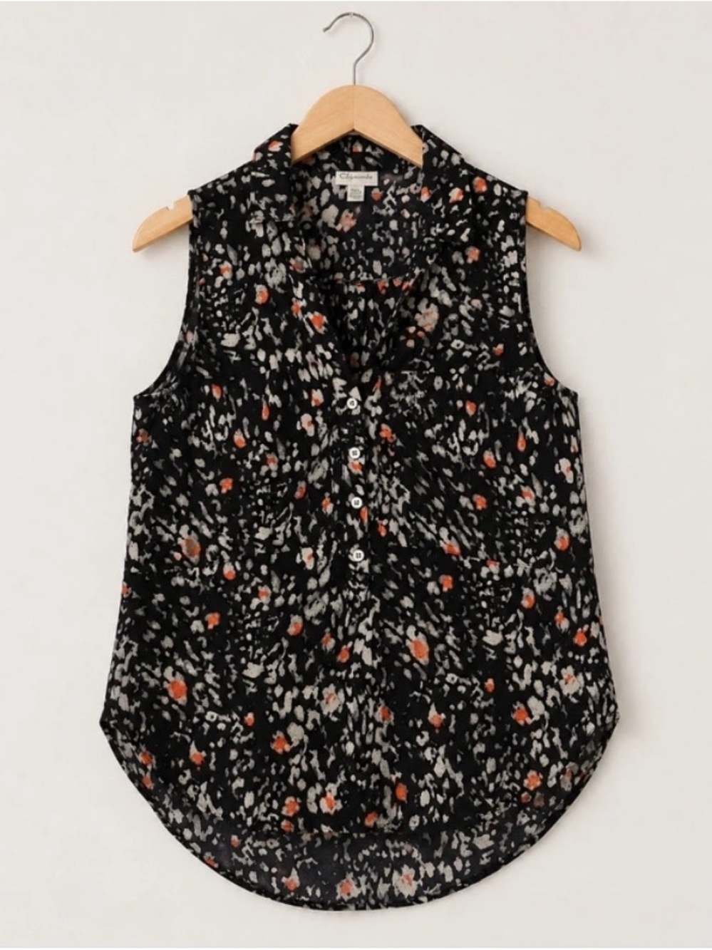 Black Floral Sleeveless Button-Front Camisole with Rust Accents